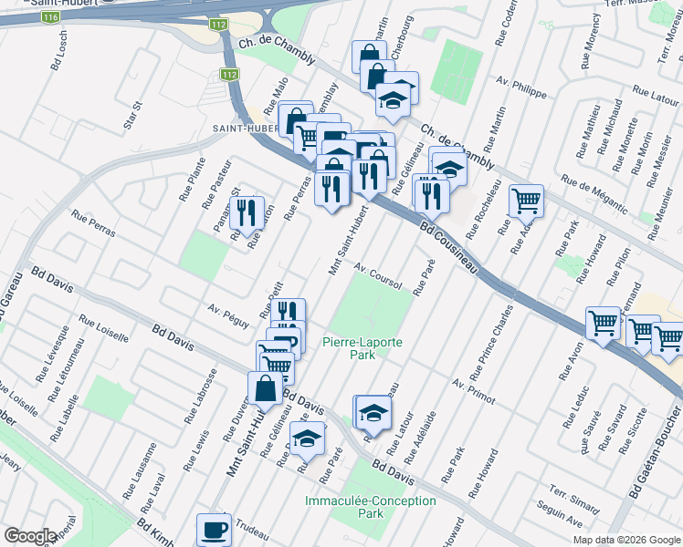 map of restaurants, bars, coffee shops, grocery stores, and more near 3185 Montée Saint-Hubert in Longueuil