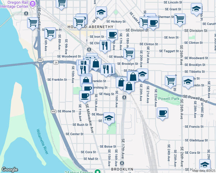 map of restaurants, bars, coffee shops, grocery stores, and more near 1431 Southeast Pershing Street in Portland
