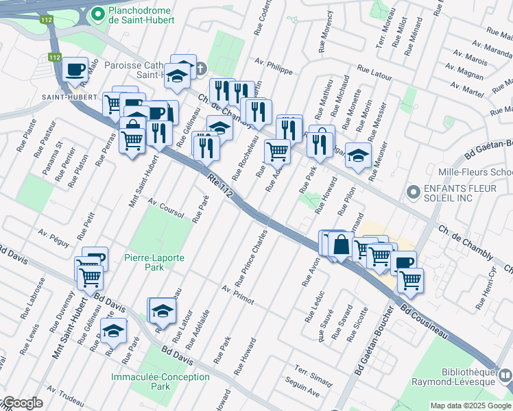 map of restaurants, bars, coffee shops, grocery stores, and more near 2980 Rue Adélaïde in Longueuil