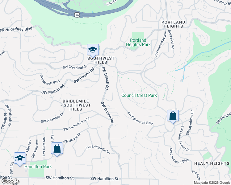 map of restaurants, bars, coffee shops, grocery stores, and more near 3364 Southwest Fairmount Boulevard in Portland