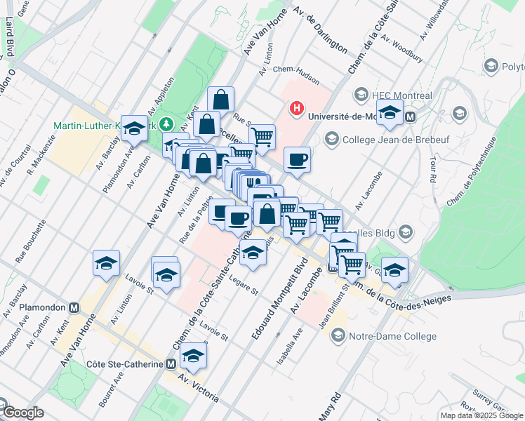 map of restaurants, bars, coffee shops, grocery stores, and more near Chemin de la Côte-Sainte-Catherine in Montréal
