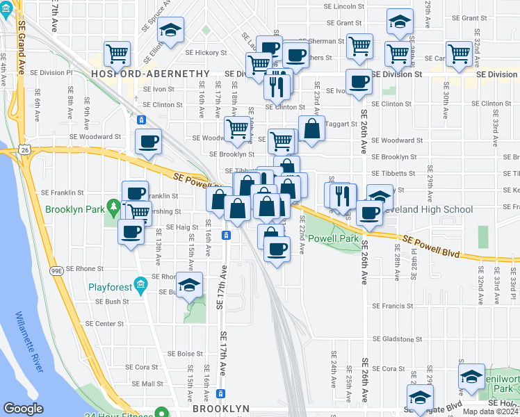 map of restaurants, bars, coffee shops, grocery stores, and more near 1925 Southeast Pershing Street in Portland