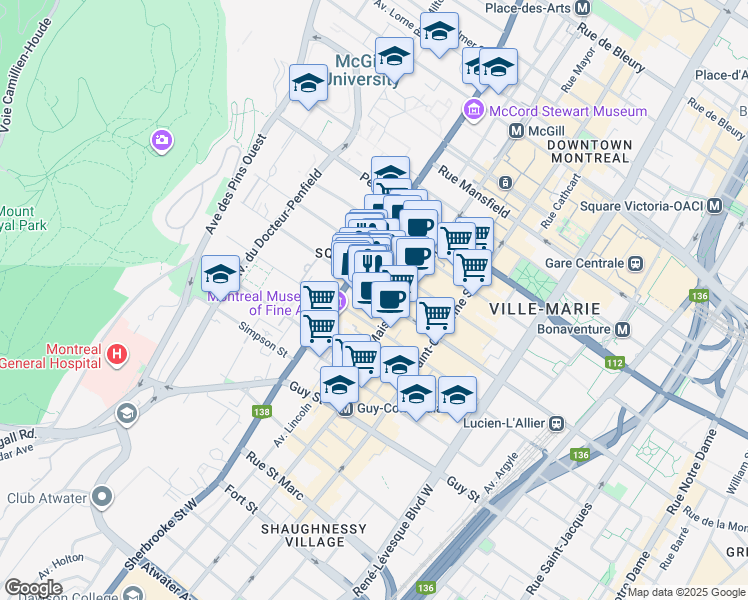 map of restaurants, bars, coffee shops, grocery stores, and more near in Montreal