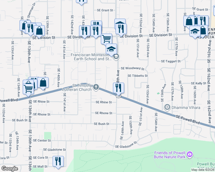 map of restaurants, bars, coffee shops, grocery stores, and more near 3220 Southeast 147th Avenue in Portland
