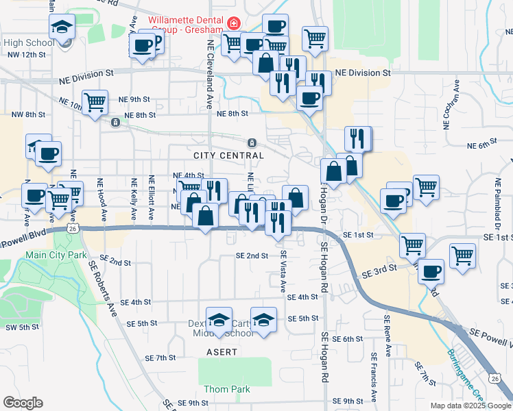 map of restaurants, bars, coffee shops, grocery stores, and more near 280 Northeast Liberty Avenue in Gresham