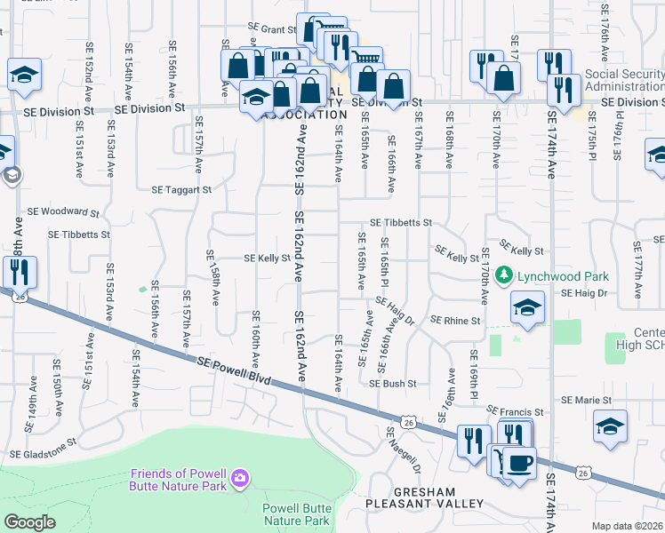 map of restaurants, bars, coffee shops, grocery stores, and more near 16309 Southeast Franklin Street in Portland