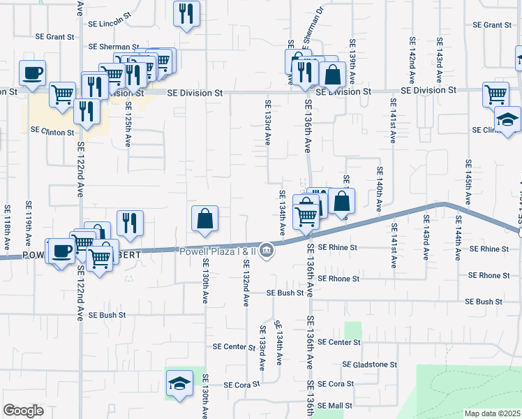 map of restaurants, bars, coffee shops, grocery stores, and more near 3121 Southeast 134th Avenue in Portland