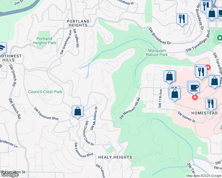 map of restaurants, bars, coffee shops, grocery stores, and more near 3202 Southwest Clemell Avenue in Portland