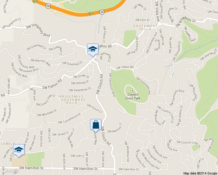 map of restaurants, bars, coffee shops, grocery stores, and more near 3364 Southwest Fairmount Boulevard in Portland