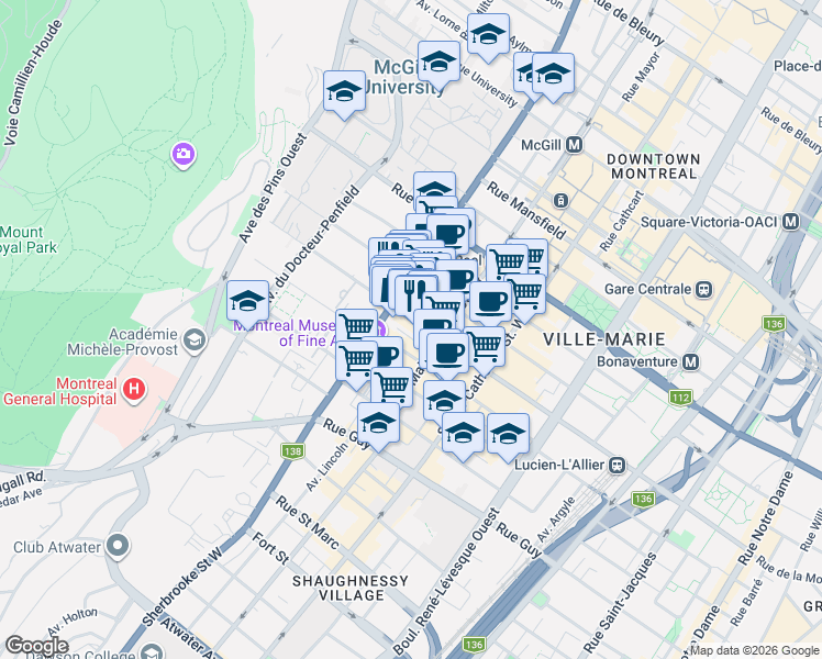 map of restaurants, bars, coffee shops, grocery stores, and more near 2140 Rue de la Montagne in Montréal