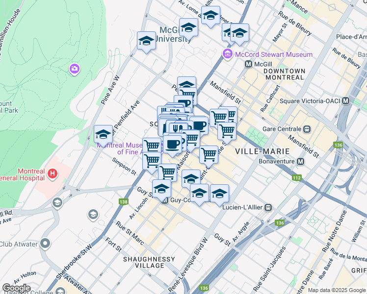 map of restaurants, bars, coffee shops, grocery stores, and more near 2055 Rue de la Montagne in Montreal