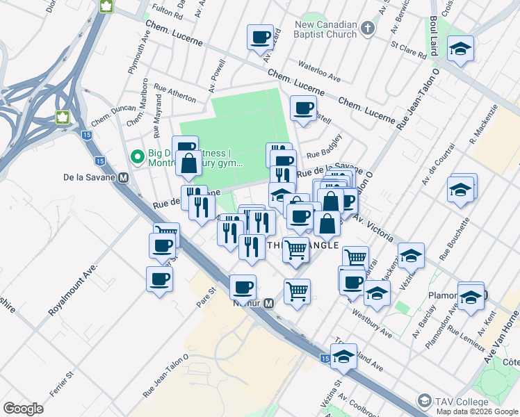 map of restaurants, bars, coffee shops, grocery stores, and more near 4982 Place de la Savane in Montréal