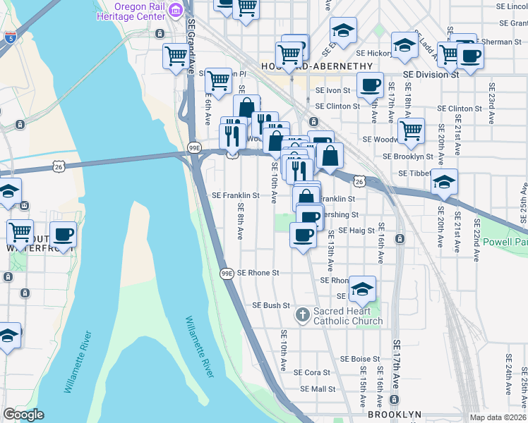map of restaurants, bars, coffee shops, grocery stores, and more near 3336 Southeast 9th Avenue in Portland