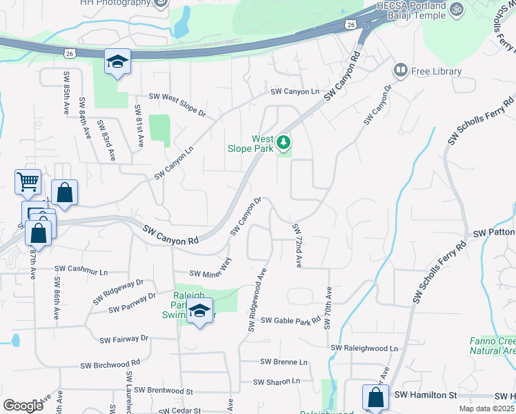 map of restaurants, bars, coffee shops, grocery stores, and more near 7440 Southwest Canyon Drive in Portland