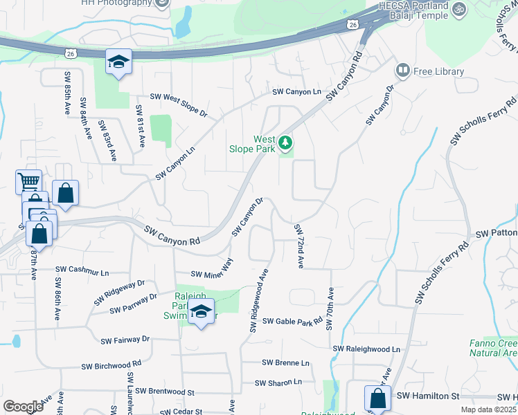map of restaurants, bars, coffee shops, grocery stores, and more near 7440 Southwest Canyon Drive in Portland