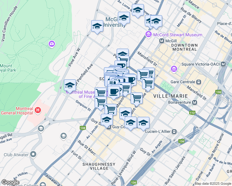 map of restaurants, bars, coffee shops, grocery stores, and more near in Montreal