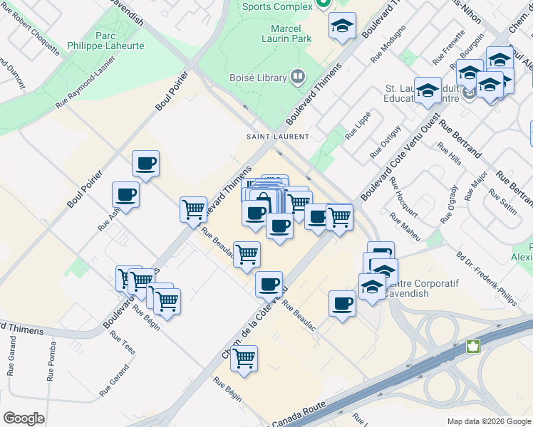 map of restaurants, bars, coffee shops, grocery stores, and more near 3131 Boulevard de la Côte Vertu in Montreal