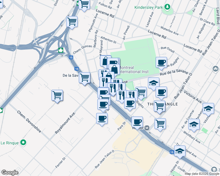 map of restaurants, bars, coffee shops, grocery stores, and more near 5196 Rue de la Savane in Montréal