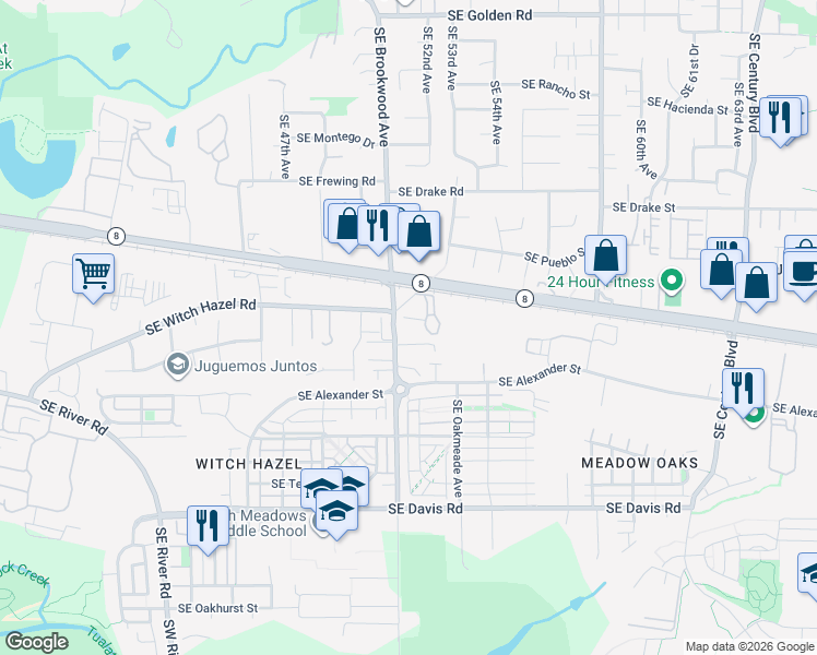 map of restaurants, bars, coffee shops, grocery stores, and more near 24550 Southwest Witch Hazel Road in Hillsboro