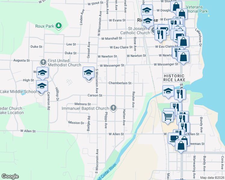 map of restaurants, bars, coffee shops, grocery stores, and more near 108 Noble Avenue in Rice Lake