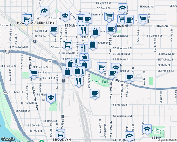 map of restaurants, bars, coffee shops, grocery stores, and more near SE Powell Blvd & SE 22nd Ave in Portland