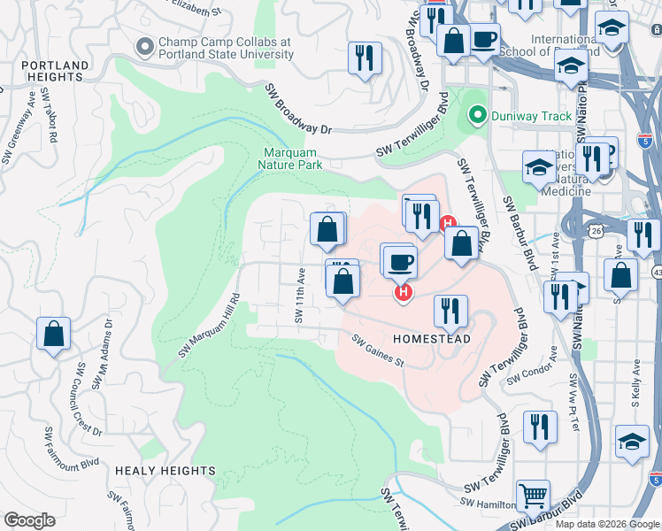 map of restaurants, bars, coffee shops, grocery stores, and more near 901 Southwest Gibbs Street in Portland