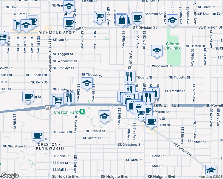 map of restaurants, bars, coffee shops, grocery stores, and more near 4706 Southeast Kelly Street in Portland