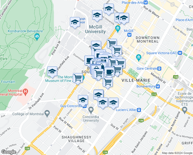 map of restaurants, bars, coffee shops, grocery stores, and more near 2015 Rue de la Montagne in Montréal