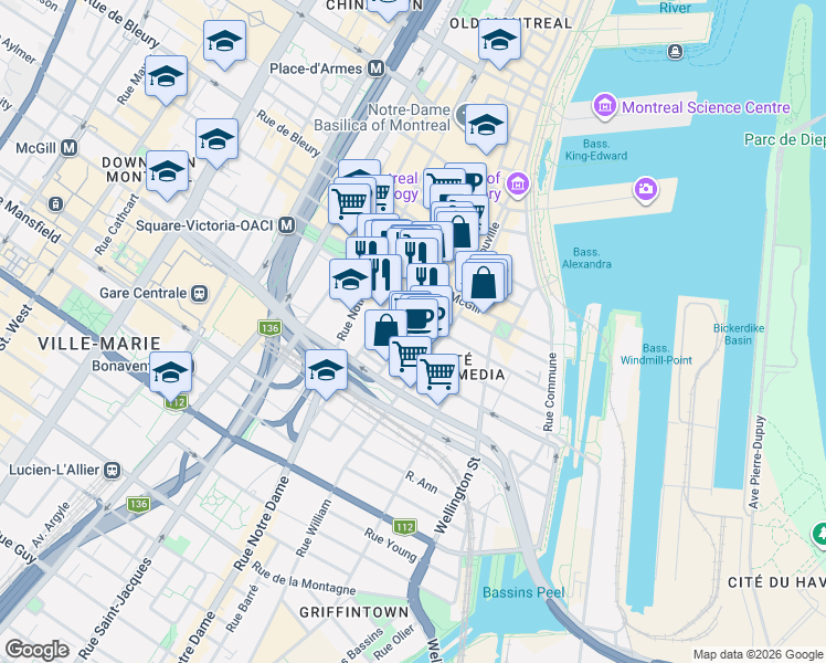 map of restaurants, bars, coffee shops, grocery stores, and more near 690 Rue Saint-Paul Ouest in Montréal