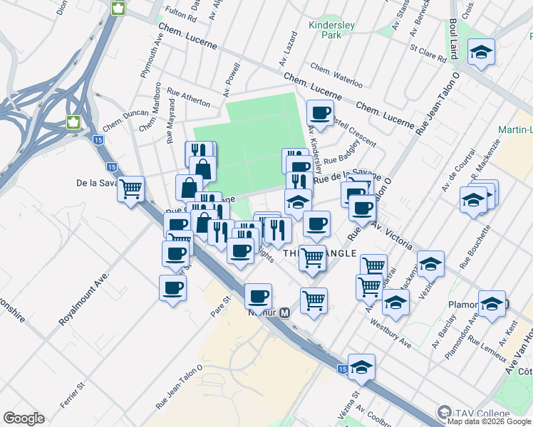 map of restaurants, bars, coffee shops, grocery stores, and more near 4988 Place de la Savane in Montréal