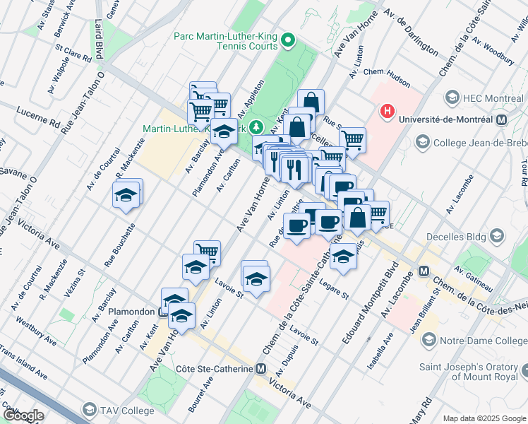 map of restaurants, bars, coffee shops, grocery stores, and more near 3851 Avenue Linton in Montréal