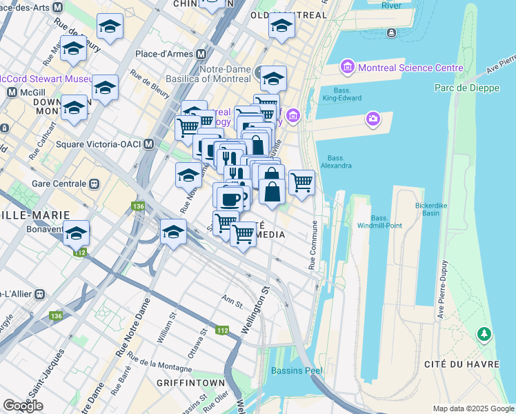 map of restaurants, bars, coffee shops, grocery stores, and more near in Montreal