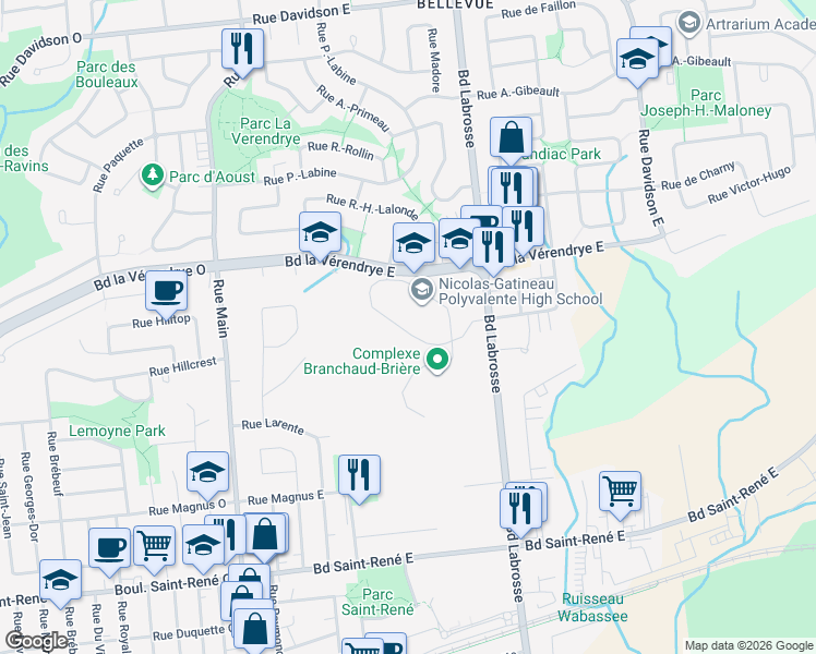 map of restaurants, bars, coffee shops, grocery stores, and more near 360 Boulevard la Vérendrye Est in Gatineau