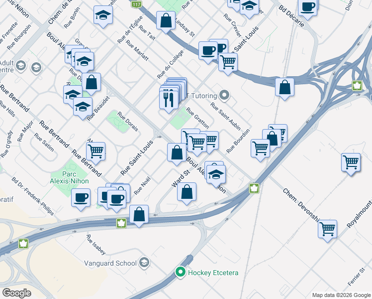 map of restaurants, bars, coffee shops, grocery stores, and more near 307 Boulevard Alexis-Nihon in Montréal