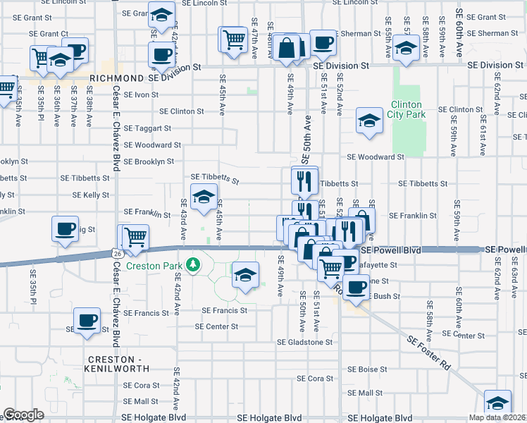 map of restaurants, bars, coffee shops, grocery stores, and more near 4828 Southeast Kelly Street in Portland