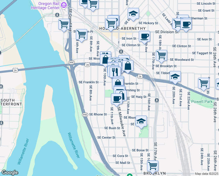 map of restaurants, bars, coffee shops, grocery stores, and more near 3305 Southeast 11th Avenue in Portland