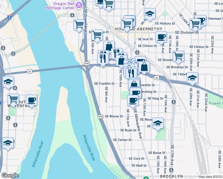 map of restaurants, bars, coffee shops, grocery stores, and more near 908 Southeast Franklin Street in Portland