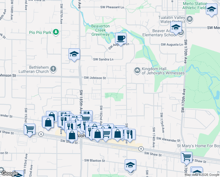 map of restaurants, bars, coffee shops, grocery stores, and more near 18122 Southwest Lotus Lane in Beaverton