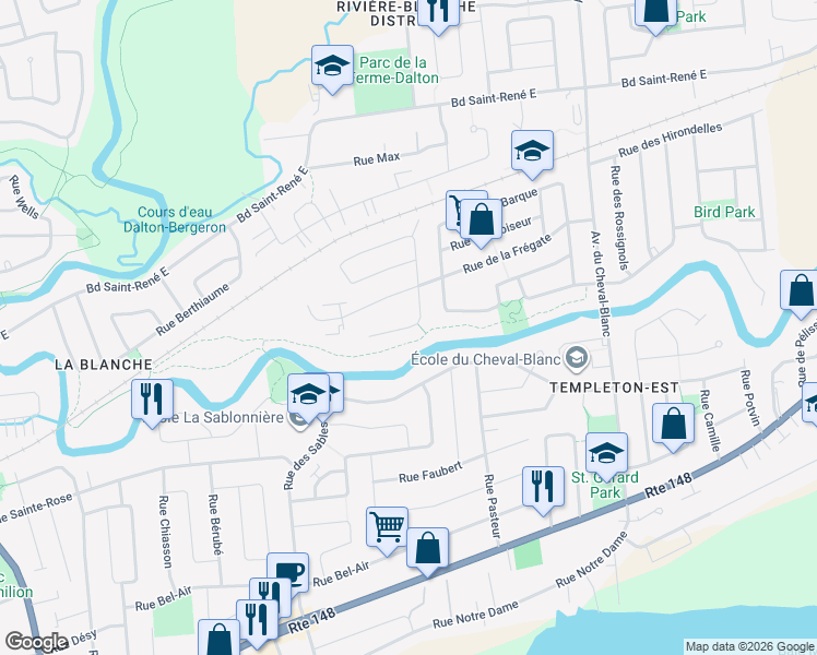 map of restaurants, bars, coffee shops, grocery stores, and more near Rue de la Caraque in Gatineau