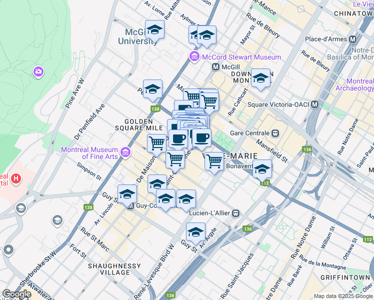 map of restaurants, bars, coffee shops, grocery stores, and more near in Montreal