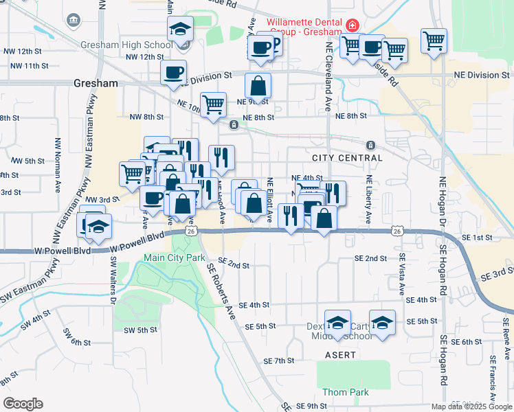 map of restaurants, bars, coffee shops, grocery stores, and more near 520 Northeast 3rd Street in Gresham