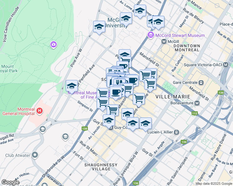 map of restaurants, bars, coffee shops, grocery stores, and more near in Montreal
