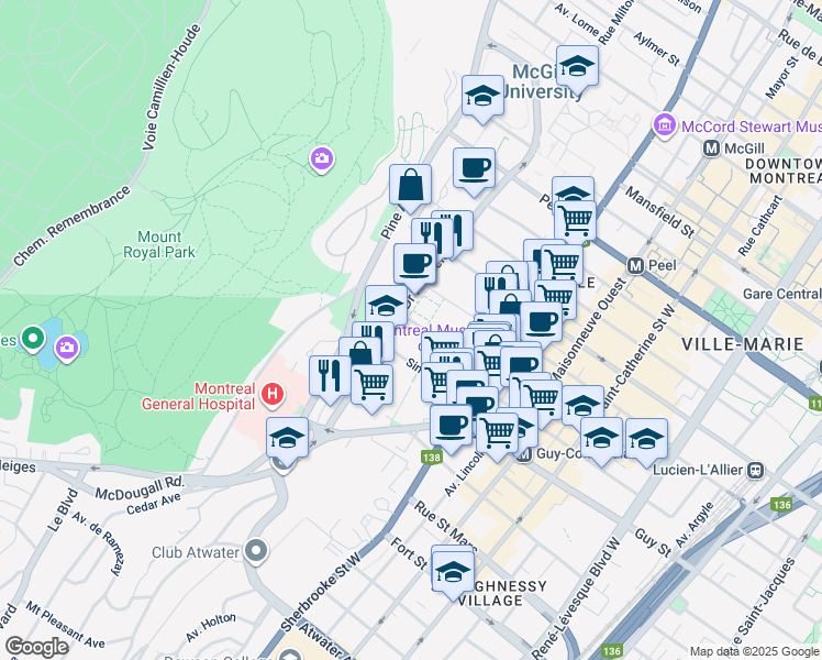 map of restaurants, bars, coffee shops, grocery stores, and more near 3470 Redpath Street in Montrã©Al