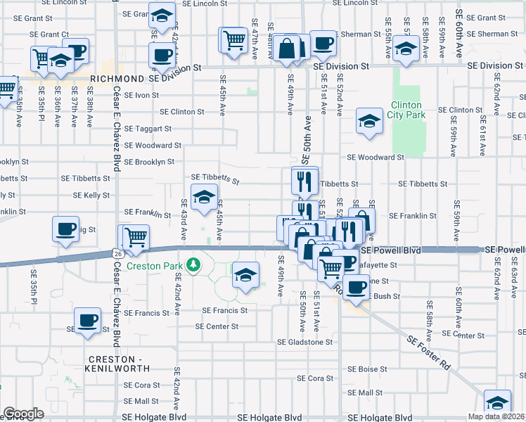 map of restaurants, bars, coffee shops, grocery stores, and more near 4828 Southeast Kelly Street in Portland