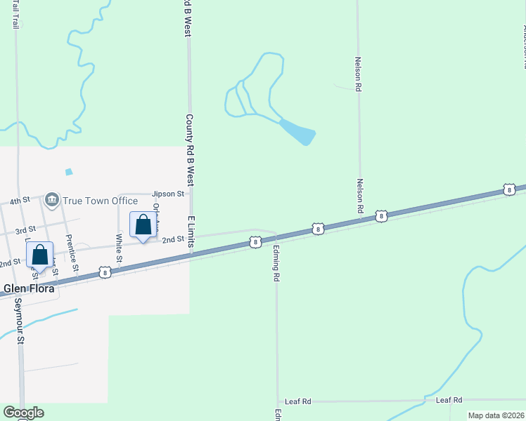 map of restaurants, bars, coffee shops, grocery stores, and more near W4040 Edming Road in Glen Flora