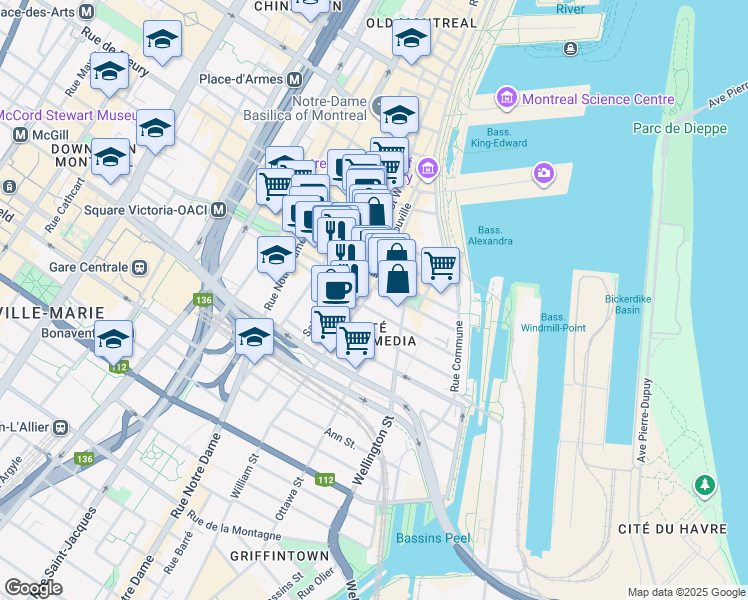 map of restaurants, bars, coffee shops, grocery stores, and more near 630 William Street in Montreal