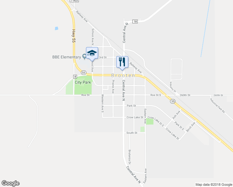 map of restaurants, bars, coffee shops, grocery stores, and more near 240 Prairie Avenue in Brooten