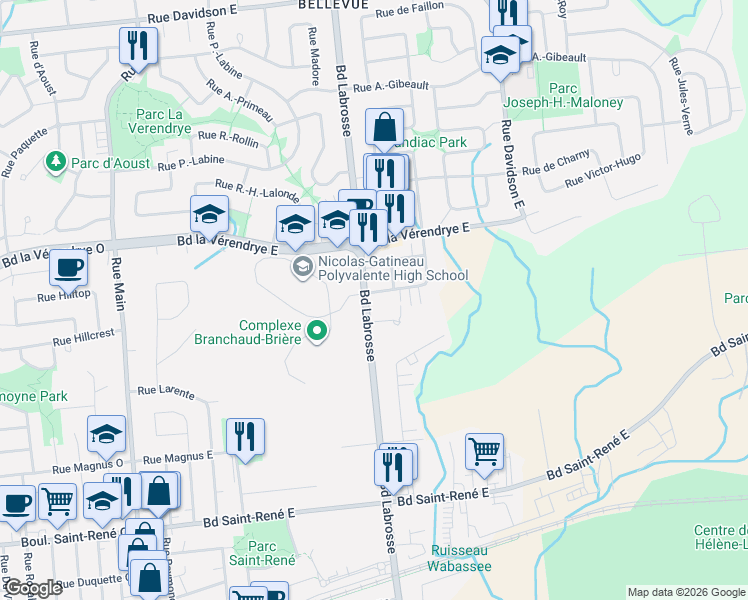 map of restaurants, bars, coffee shops, grocery stores, and more near 215 Rue de Candiac in Gatineau