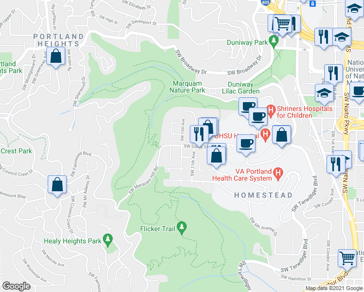 map of restaurants, bars, coffee shops, grocery stores, and more near Southwest 12th Avenue & Southwest Gibbs Street in Portland