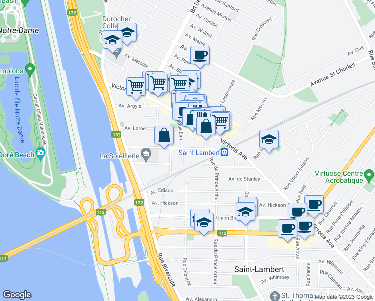 map of restaurants, bars, coffee shops, grocery stores, and more near 215 Avenue Saint Denis in Saint-Lambert
